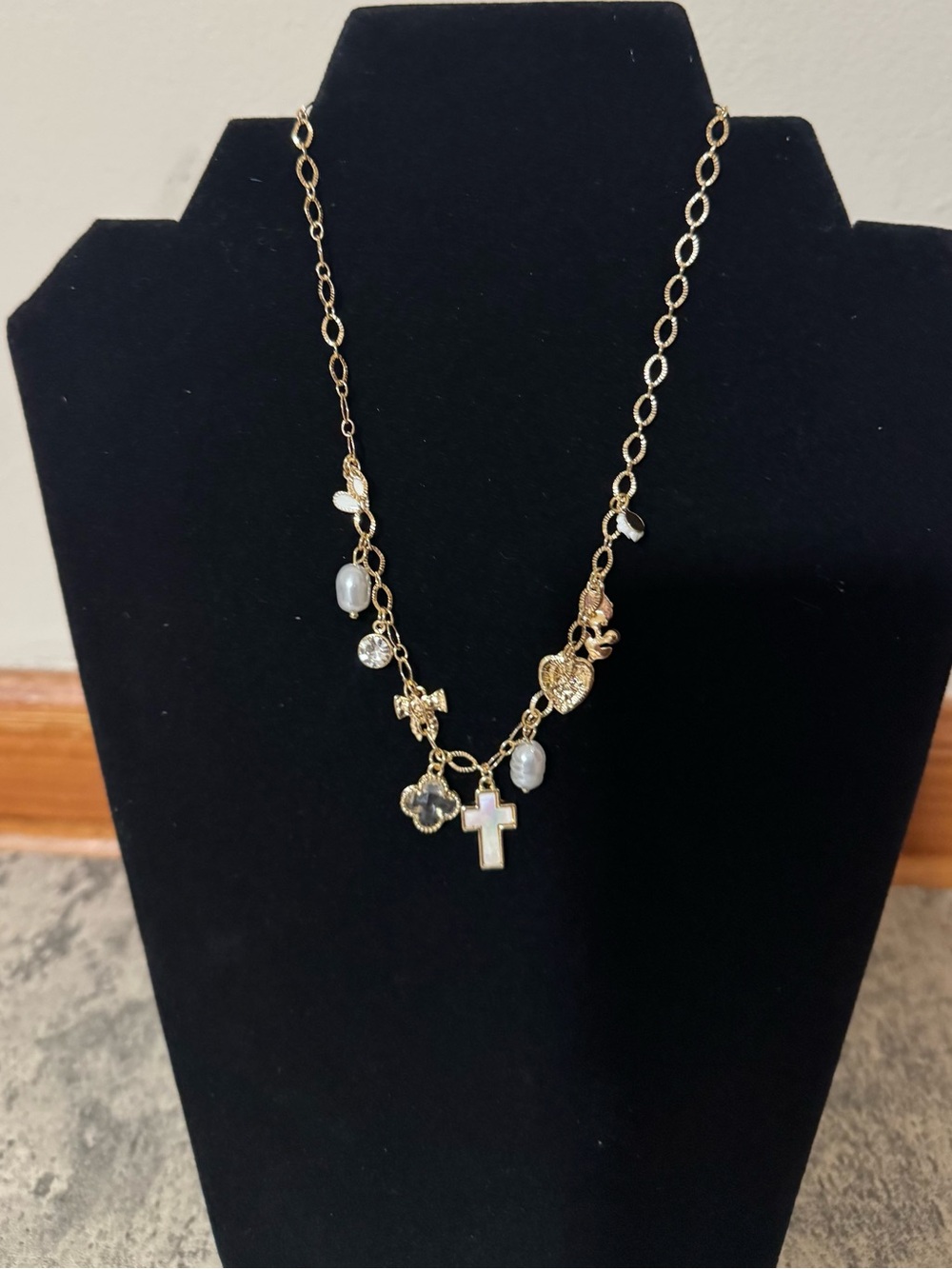 Altar'd State Gold Charm Necklace with Pearl and Cross Charms
